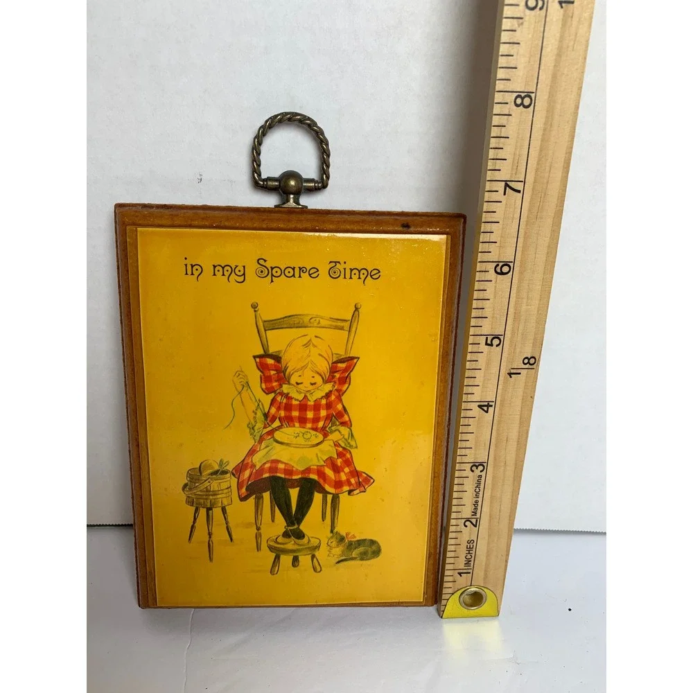 Vintage In My Spare Time‎ Girl Embroidery Wood Wall Plaque Kitsch Cottagecore